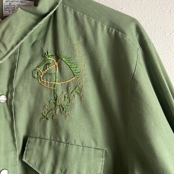 K-Mart Pearl Snap Western Clay Green Green/Gold Small - Picture 2 of 6